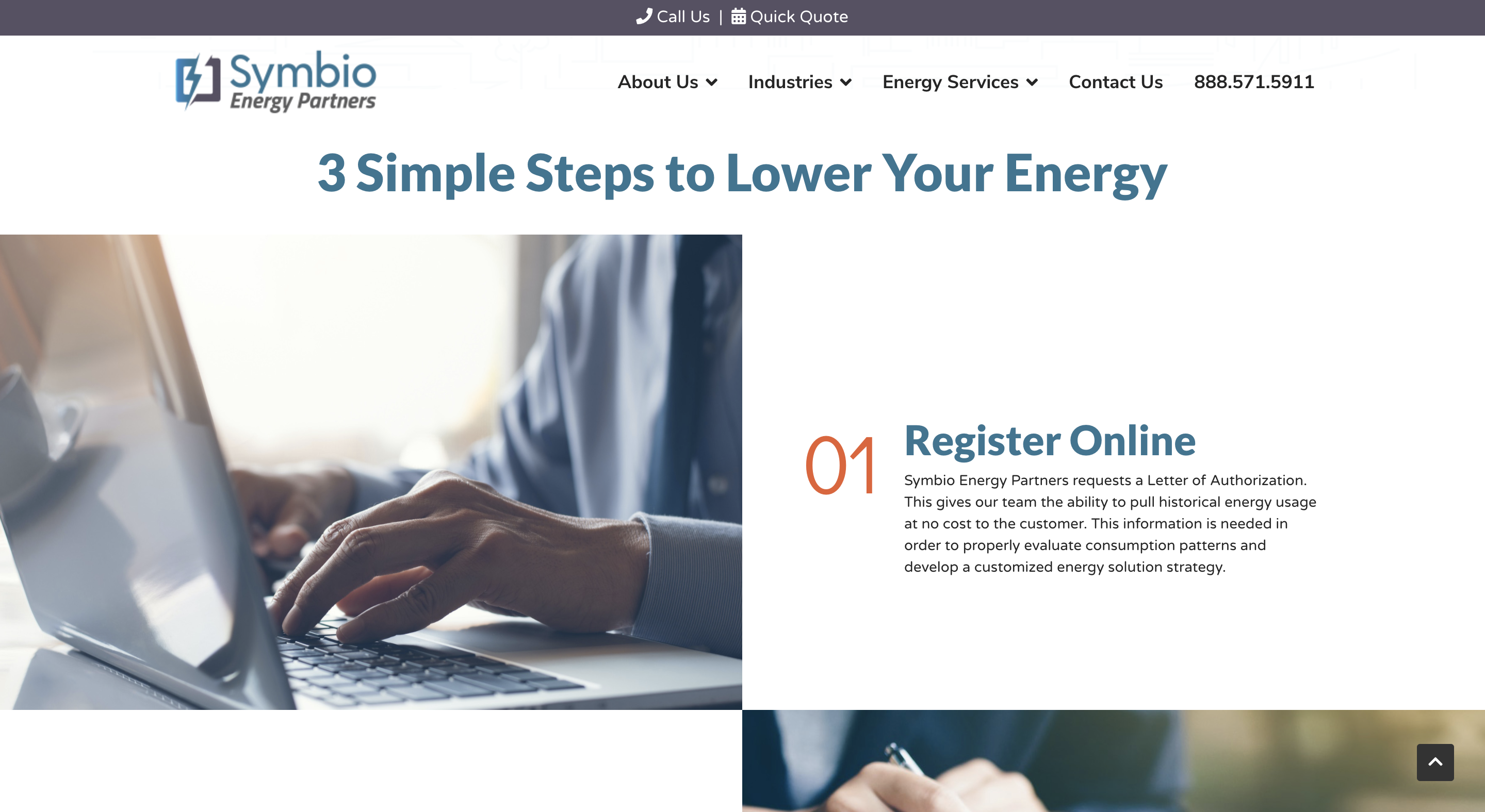 Symbio Energy Partners Homepage: 3 Steps To Lower Energy Costs, Step 1
