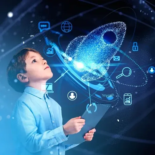 Child looking up at a glowing rocket hologram — finding the right Houston web design company