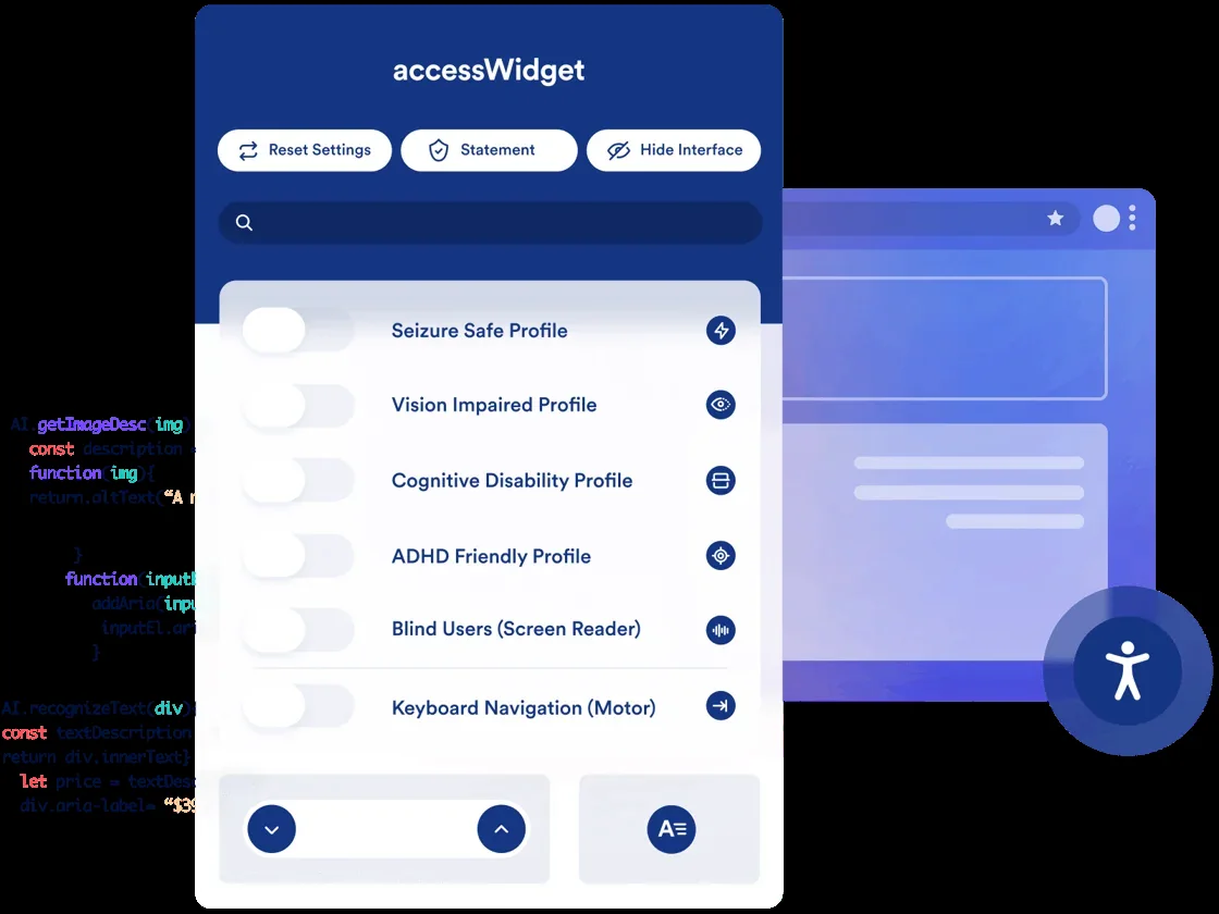 accessiBe accessWidget — accessibility profiles including seizure safe, vision impaired, and keyboard navigation