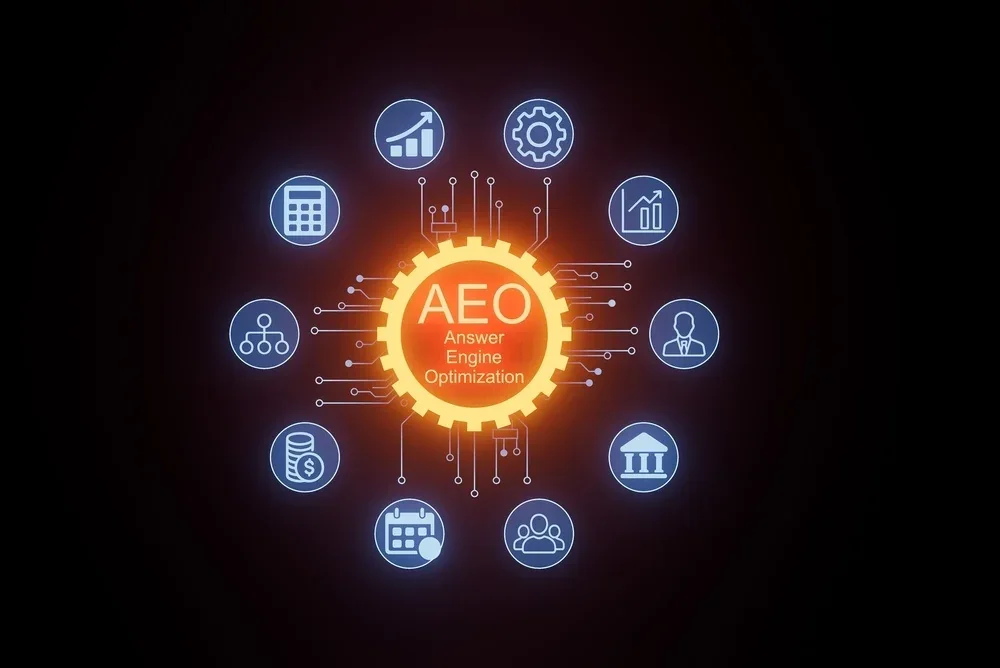 Answer Engine Optimization gear surrounded by business and analytics icons