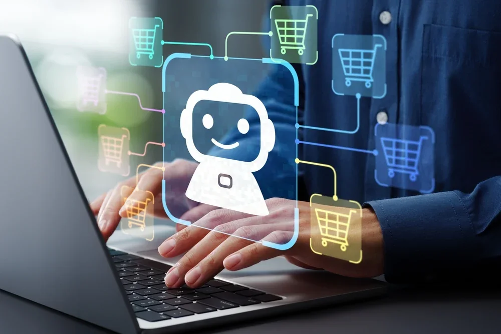 AI shopping assistant on a laptop surrounded by shopping cart icons