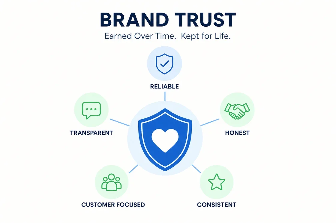 Brand Trust diagram — reliable, honest, consistent, customer focused, and transparent
