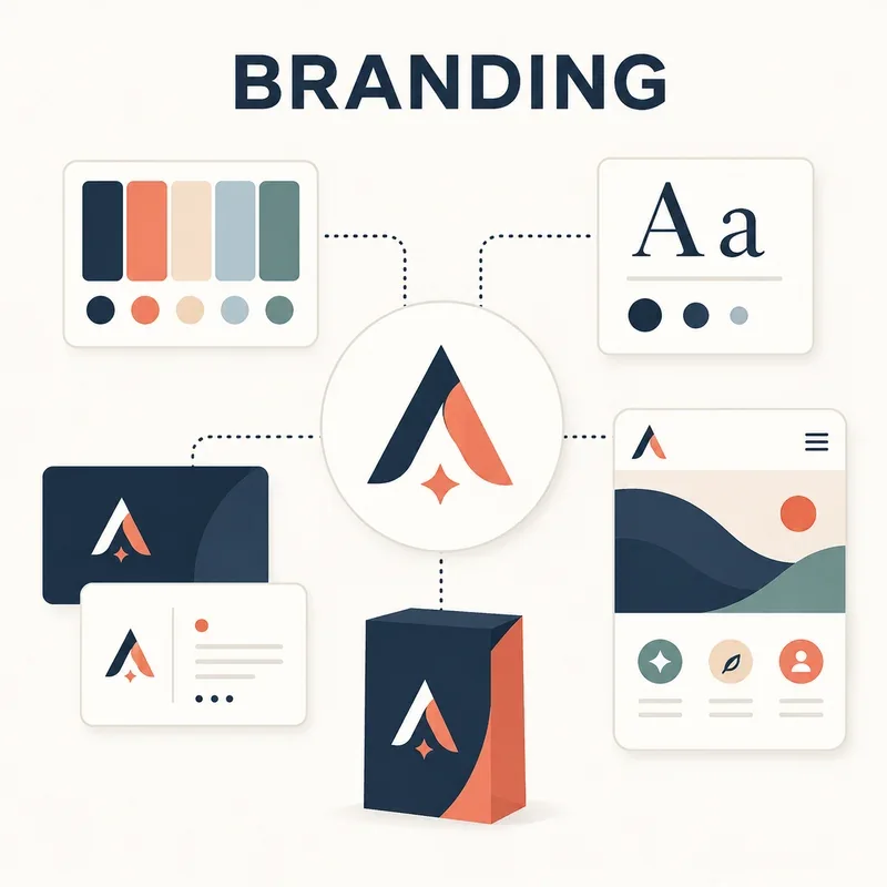Branding system graphic — logo mark with color palette, typography, business cards, packaging, and web design