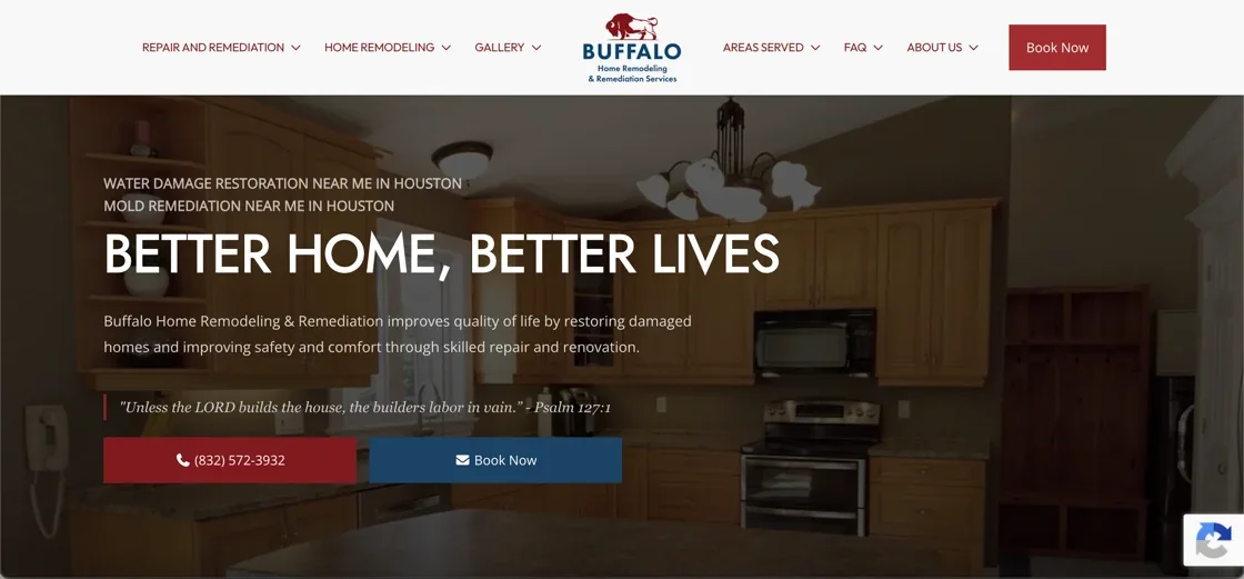 Buffalo Home Remodeling homepage — Better Home, Better Lives hero with Houston water damage restoration