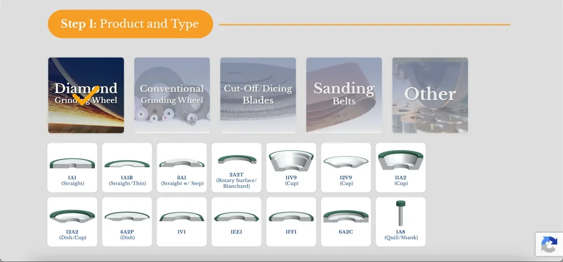 Capital Abrasives Design Center tool — Step 1 product and type selection for diamond grinding wheels