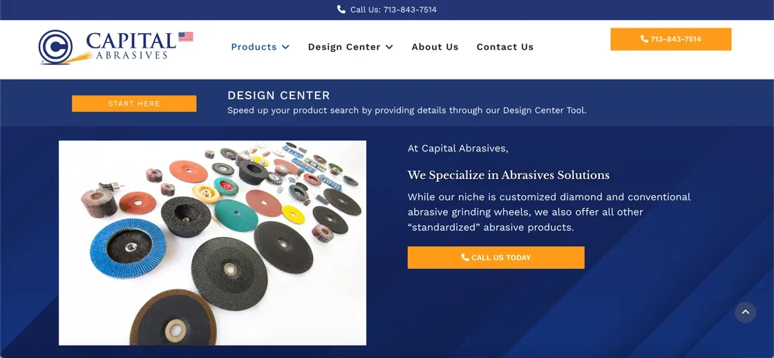 Capital Abrasives abrasives solutions section with an assortment of grinding wheels and discs