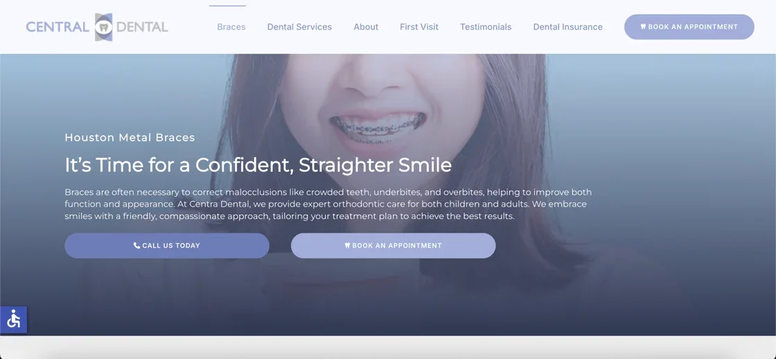 Centra Dental Houston metal braces service page on the new website