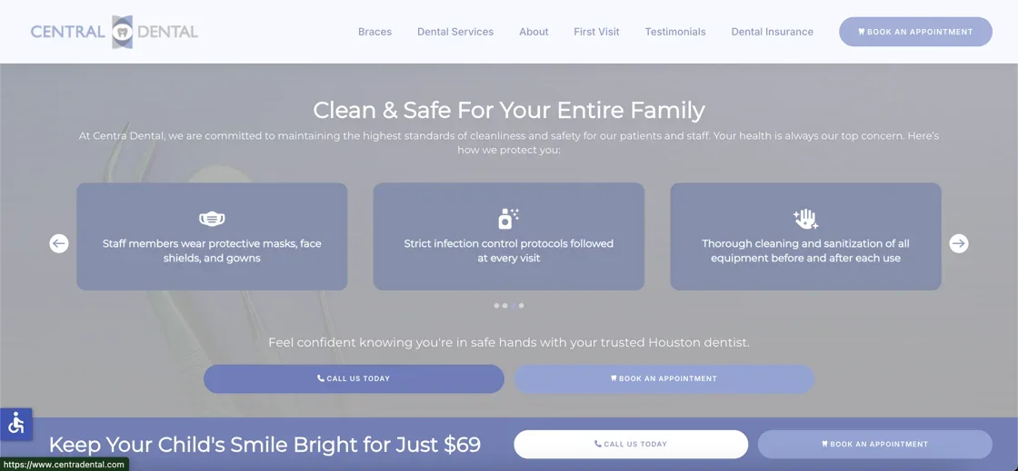 Centra Dental Clean and Safe For Your Entire Family section with kids' smile offer