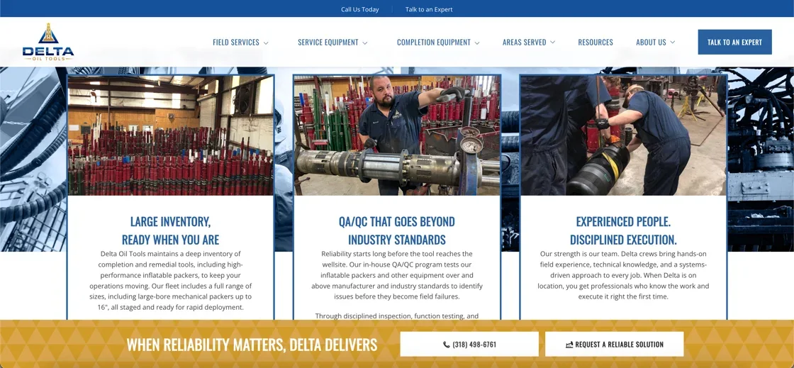Delta Oil Tools capabilities section — large inventory, QA/QC standards, and experienced crews