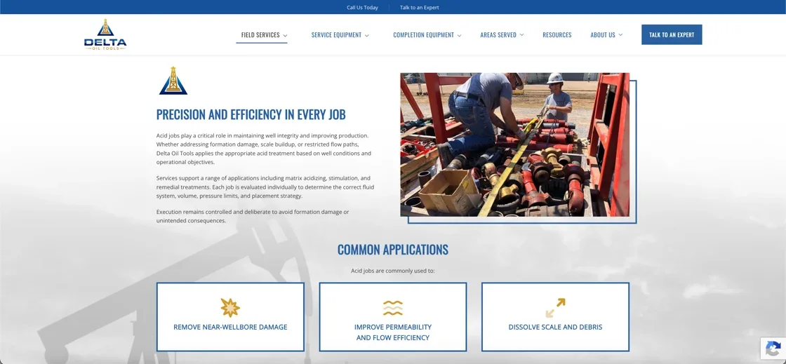 Delta Oil Tools field services page showing acid job applications and crew at the wellsite