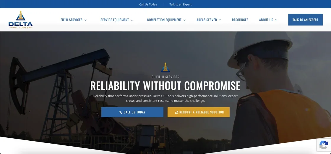 Delta Oil Tools homepage — Reliability Without Compromise oilfield services hero
