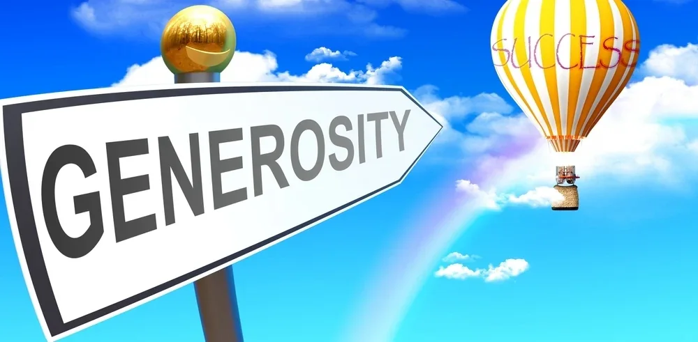 Generosity sign pointing toward a hot air balloon labeled success