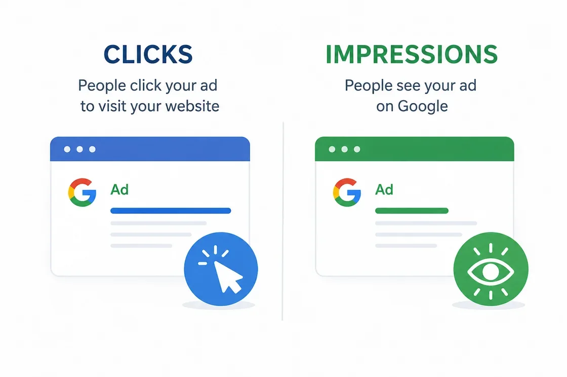 Clicks vs impressions — people clicking your ad to visit your website versus seeing it on Google