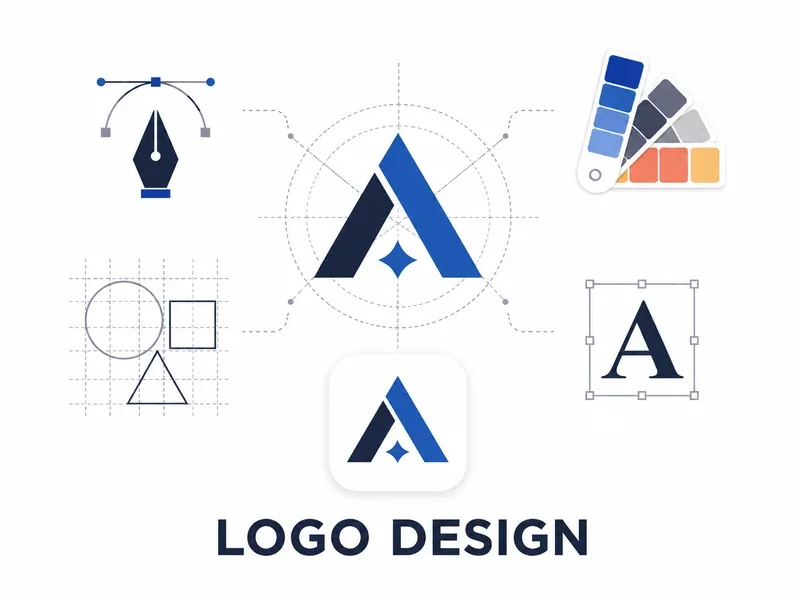 Logo design graphic — a letter mark on a construction grid with pen tool, type, and color swatches