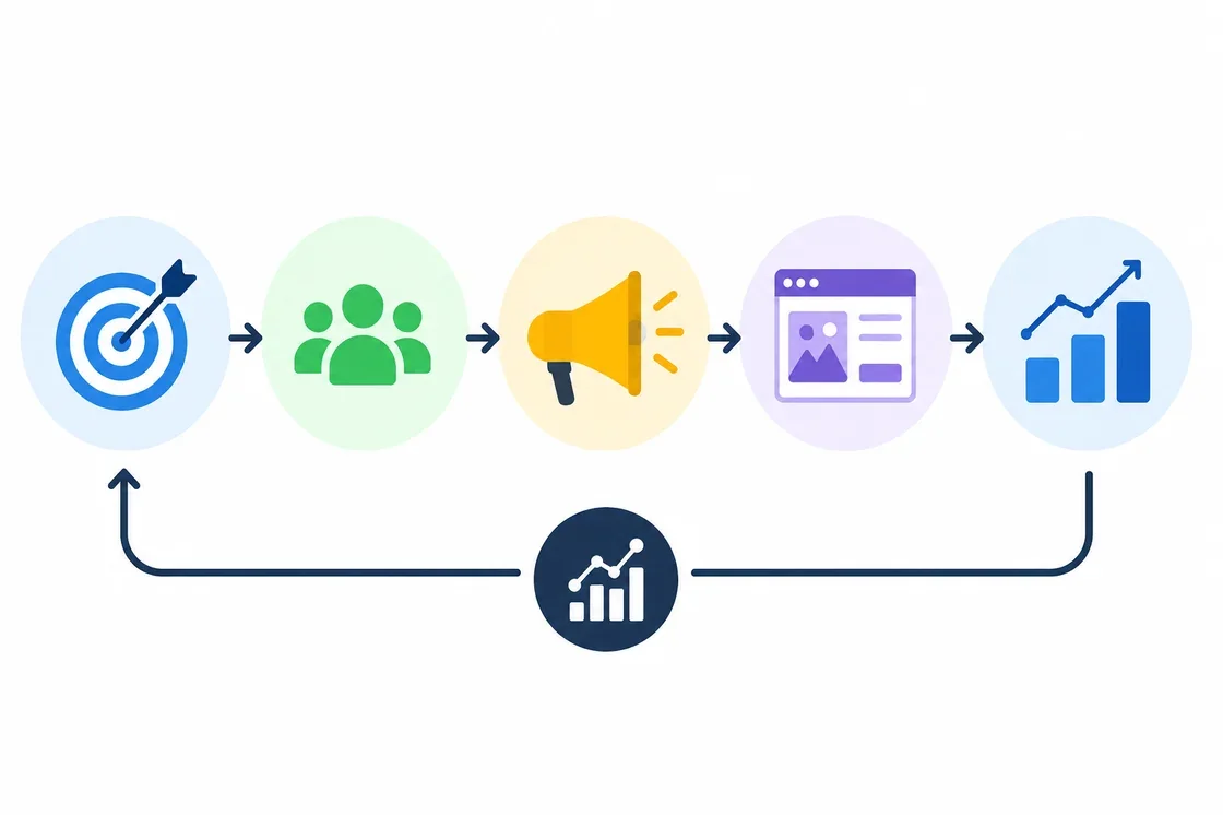 Campaign strategy loop — targeting, audience, messaging, landing pages, and measured growth