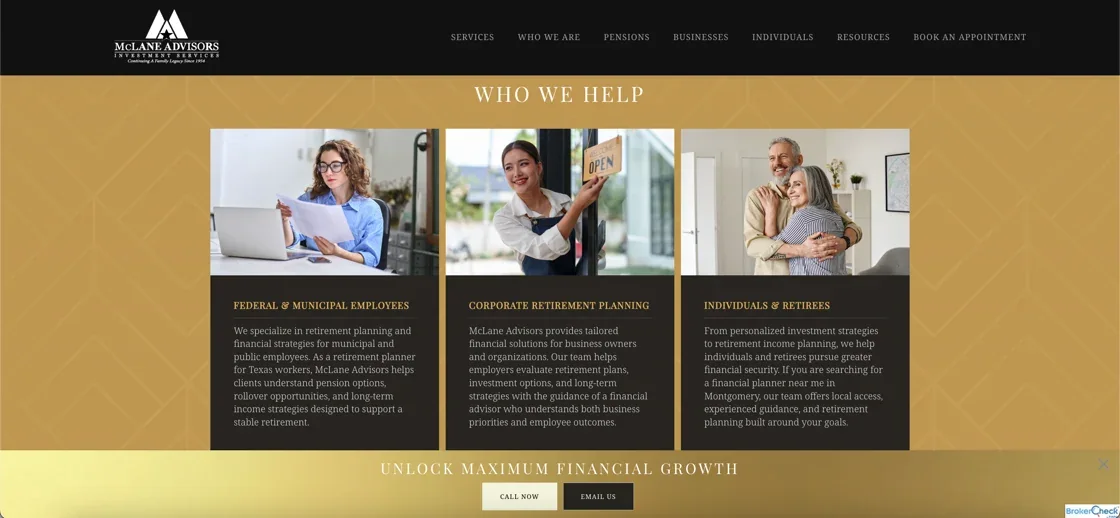 McLane Advisors Who We Help section — federal and municipal employees, corporate retirement planning, individuals and retirees