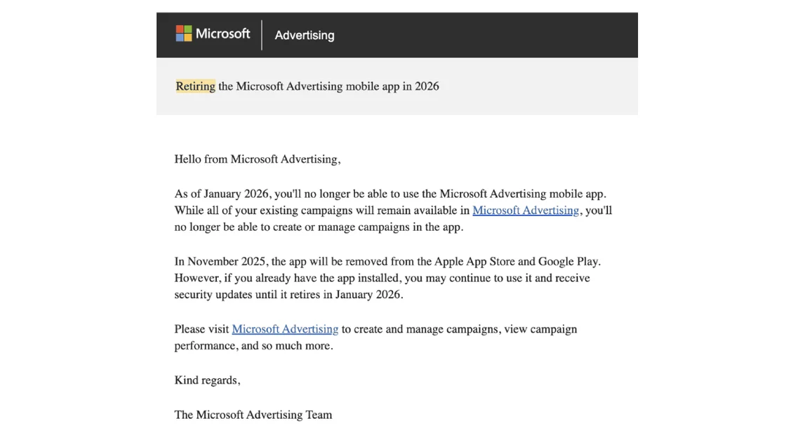 microsoft advertising app retiring 1