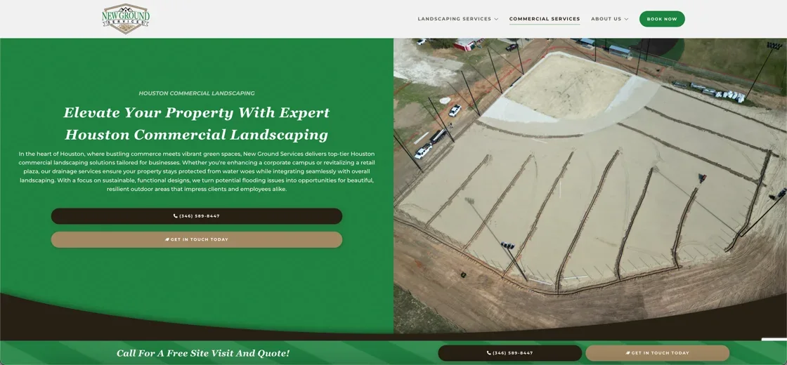New Ground Services Houston commercial landscaping page with an aerial drainage project photo