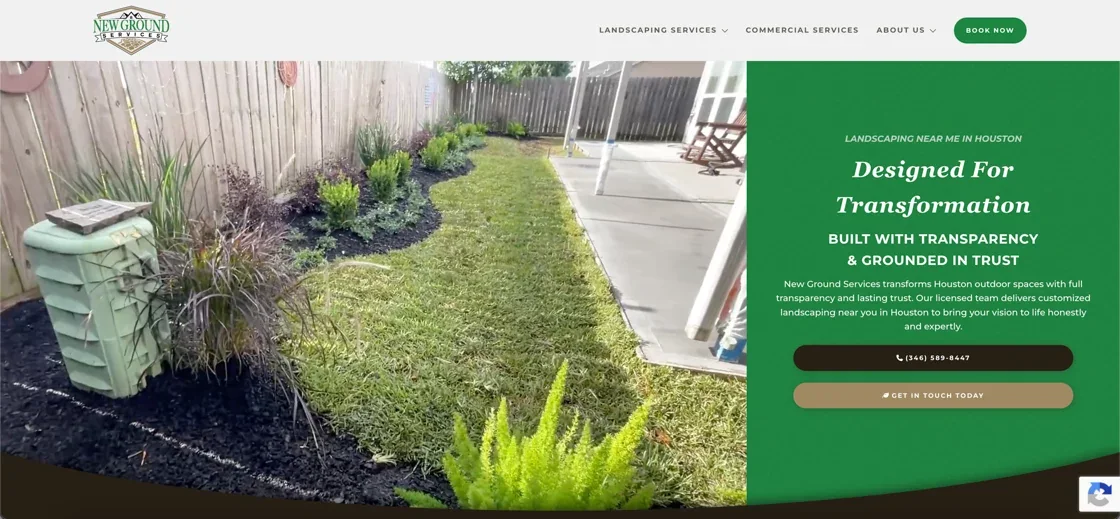 New Ground Services Designed For Transformation section showing a finished garden bed installation