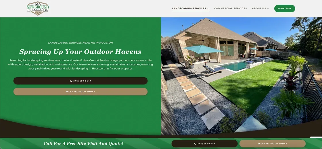 New Ground Services homepage — Sprucing Up Your Outdoor Havens hero with a Houston backyard pool landscape
