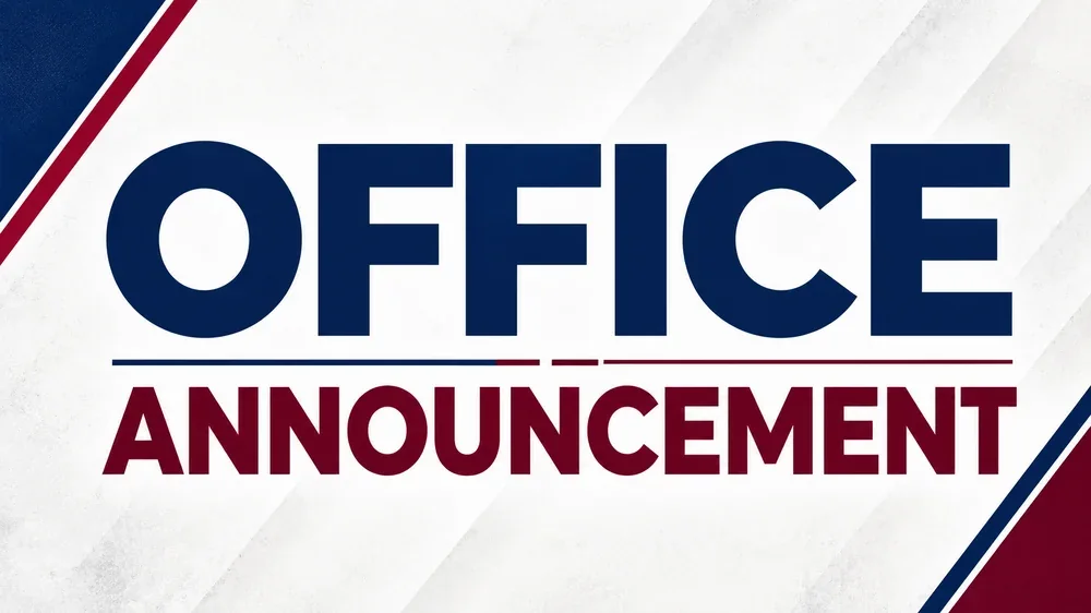 INFINI Marketing office announcement graphic in navy and red