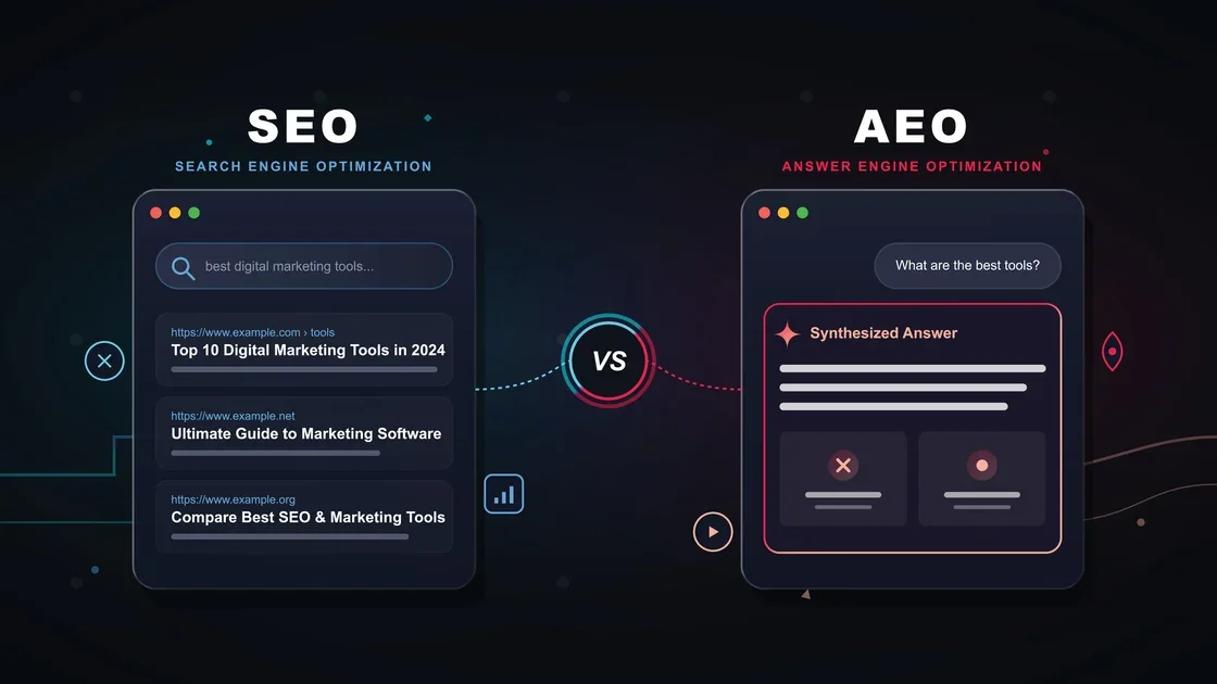 SEO versus AEO — ranked search results compared with a synthesized AI answer