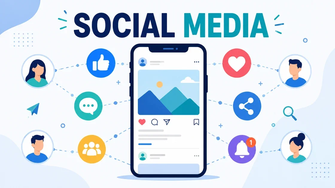 Social media graphic — a phone feed surrounded by likes, comments, shares, and follower icons