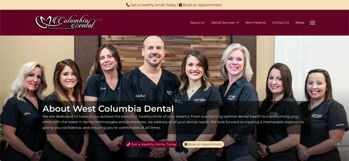 About West Columbia Dental section with a photo of the full dental team