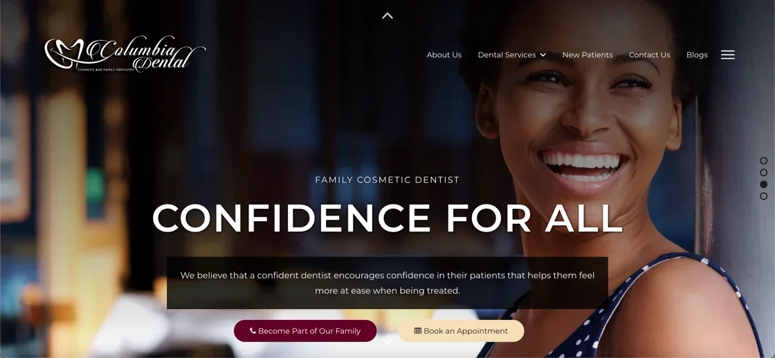 West Columbia Dental homepage — Confidence For All family cosmetic dentistry hero
