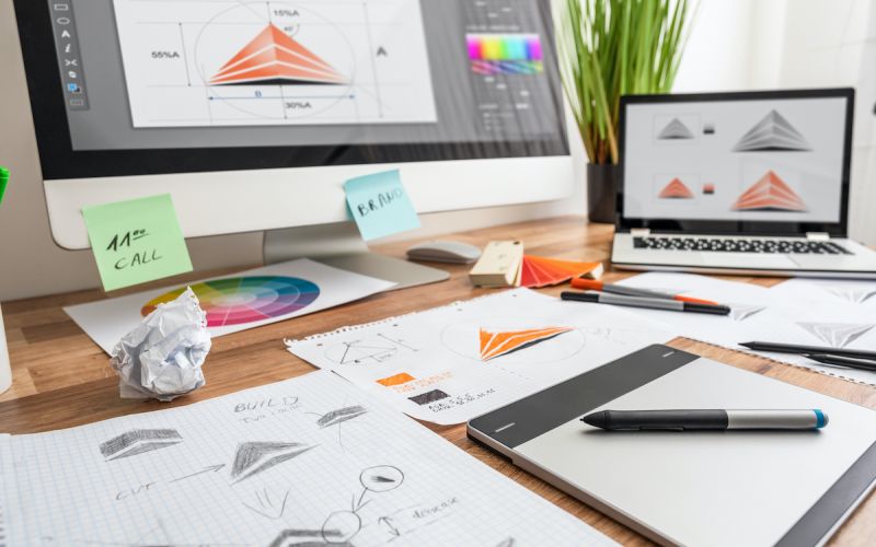 Houston graphic designer's desk while working on brand new logo design for a small business