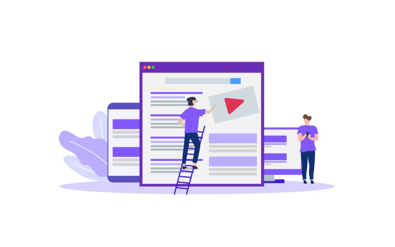 Vector graphic of someone placing a display ad on the side of Google search results