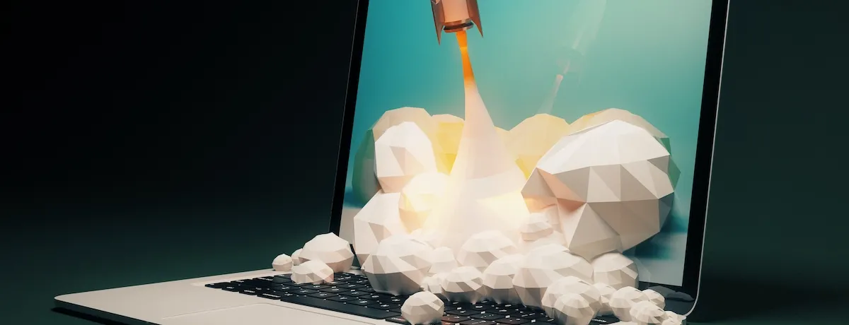 graphic of rocket ship taking off from a computer to depict successful business launch with a digital marketing strategy