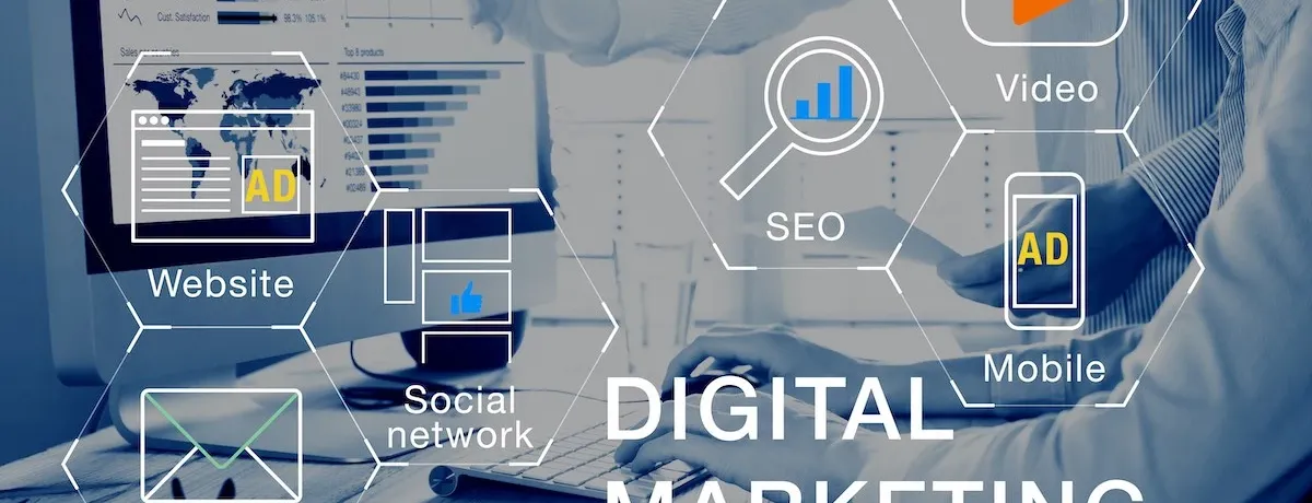 graphic of digital marketing, houston seo, advertisements, and social media