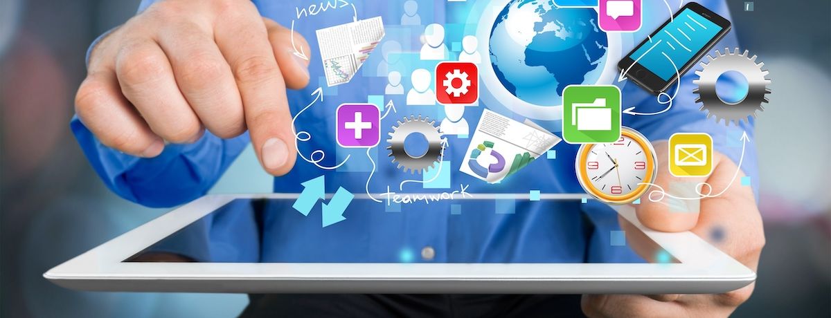 Business owner holding a tablet with various marketing tool logos floating above the screen