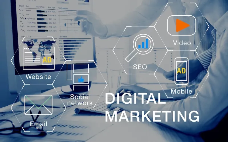 graphic of digital marketing, houston seo, advertisements, and social media