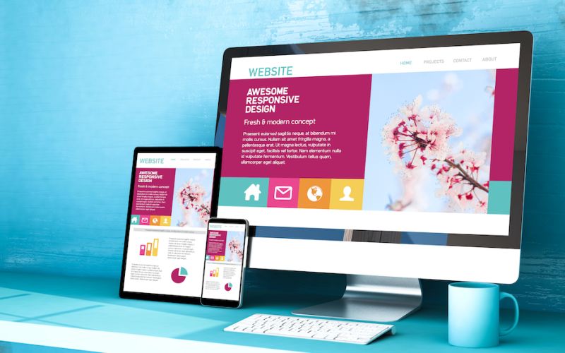 Computer monitor displaying website design template