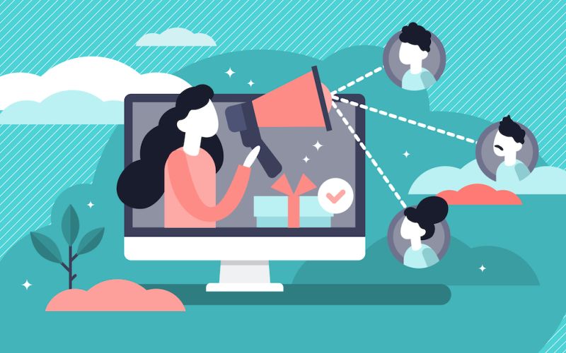 graphic design of a customer referring her friends to a business in exchange for a reward