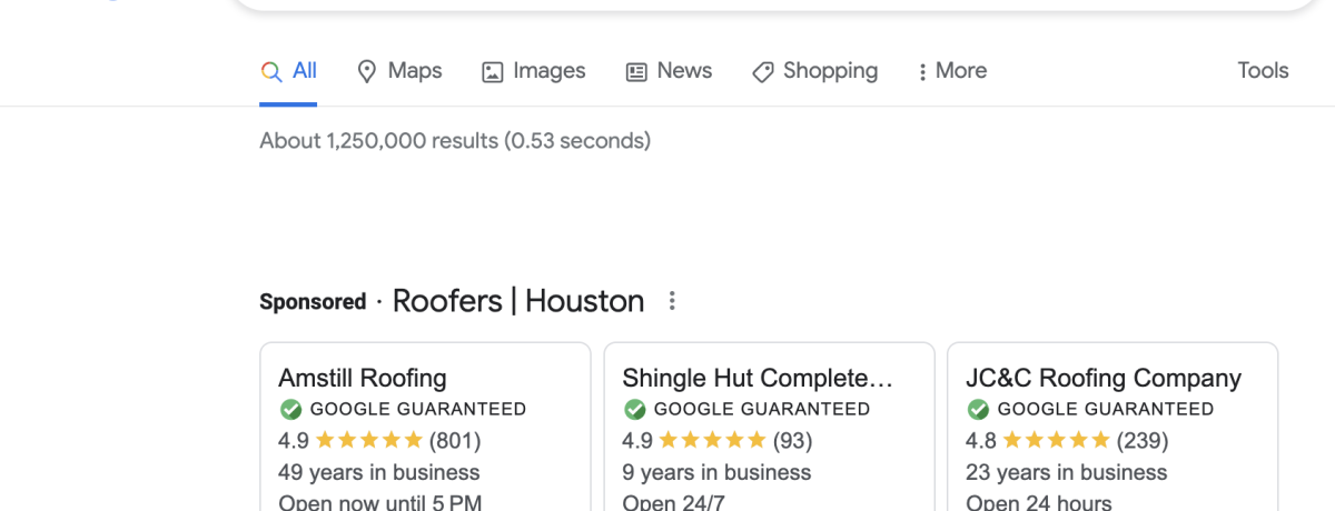 Google search for Houston roofers that shows Google Guaranteed results