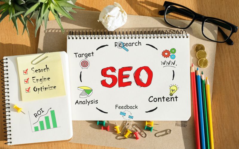 SEO diagram on a notebook with research, content, and target audience
