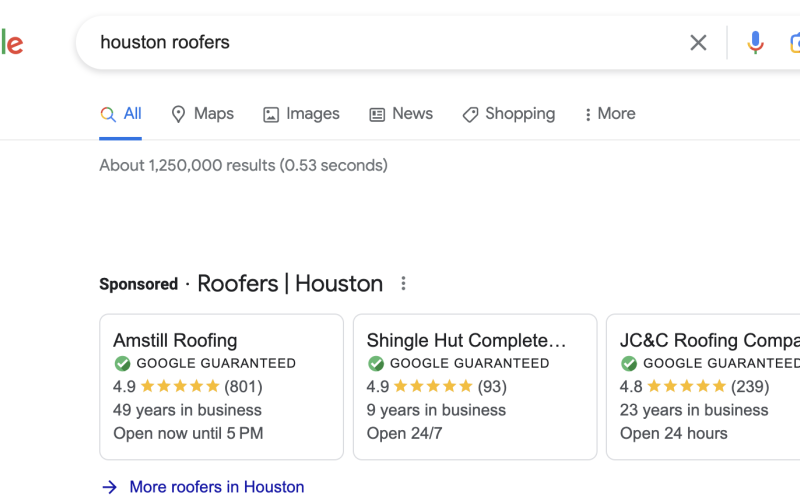 Google search for Houston roofers that shows Google Guaranteed results